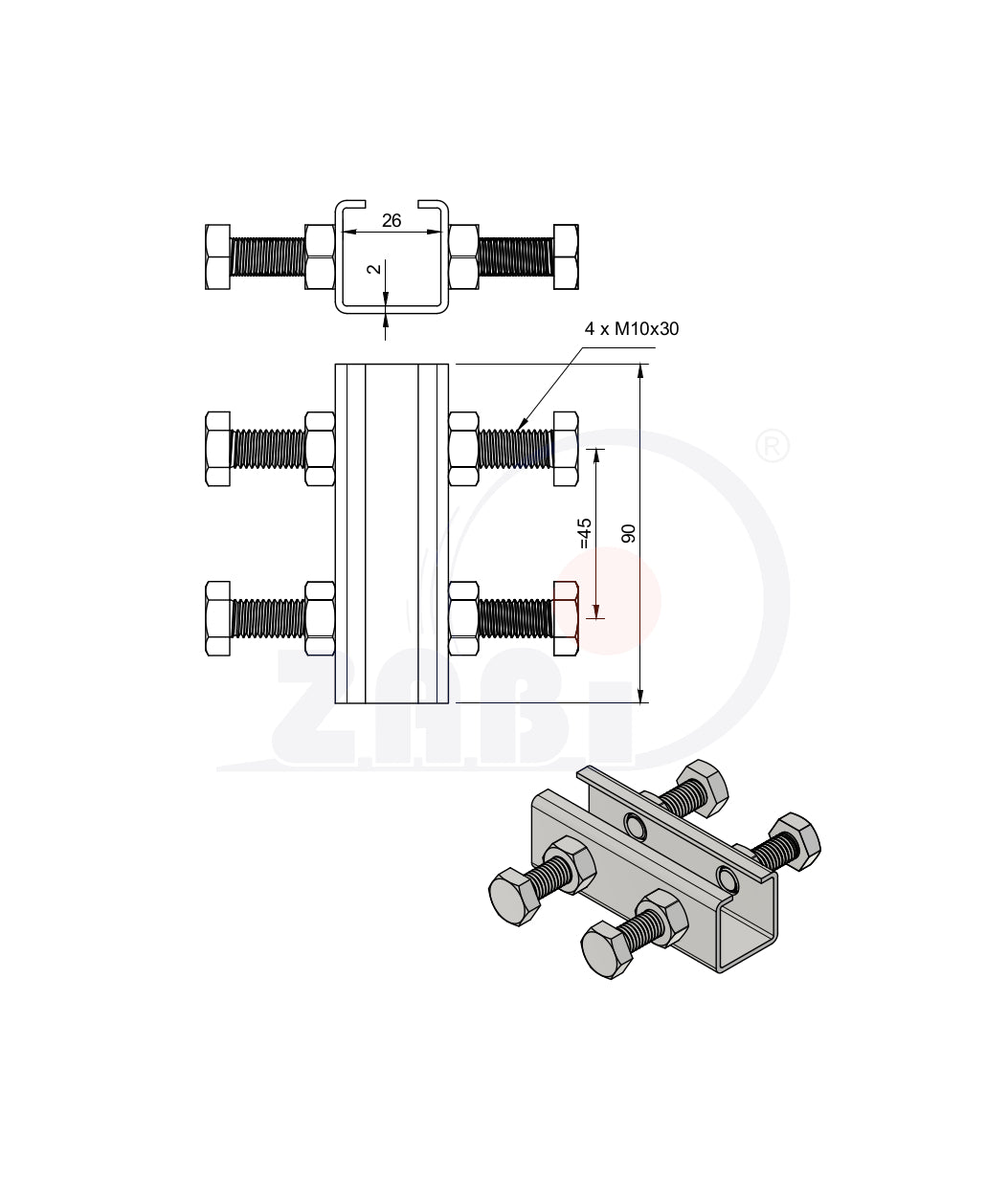 Łącznik profili 20x20 do bramy LP-20/4, rysunek techniczny z wymiarami