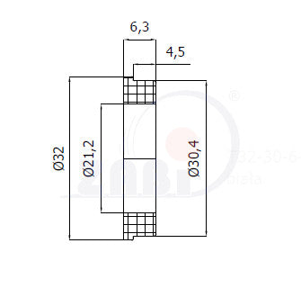 Podkładka poliamidowa 32 mm otwór 20 mm T32-30-6/20, rysunek techniczny z wymiarami