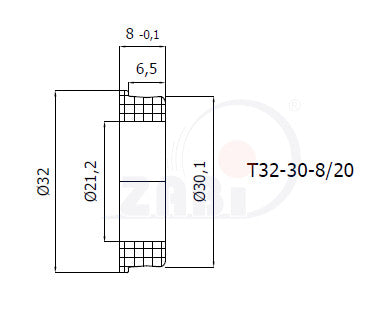 Podkładka poliamidowa 32 mm otwór 20 mm T32-30-8/20, rysunek techniczny z wymiarami