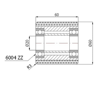 Rysunek techniczny rolki RAP-60-60 z wymiarami i łożyskiem 6004
