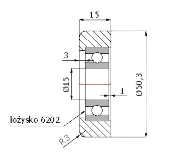 Rolka bramowa R-50,3-M, rysunek techniczny z wymiarami: średnica 50,3 mm, otwór 15 mm