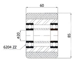 Rolka do wózka paletowego RAP-85-60, rysunek techniczny w przekroju z łożyskami i wymiarami