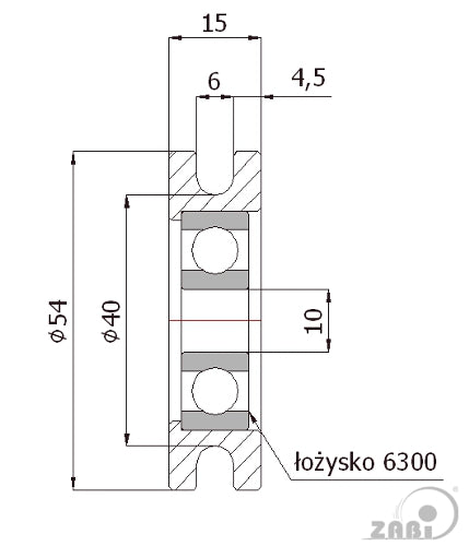 Rolka jezdna metalowa CM54/6Ł, rysunek techniczny z wymiarami