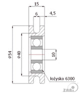 Rolka jezdna metalowa CM54/6Ł, rysunek techniczny z wymiarami