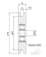 Rolka metalowa CM79/6Ł, rysunek techniczny z wymiarami rolki i łożyska