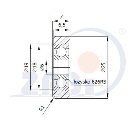 Rolka metalowa 25 mm do bramy z łożyskiem R-25-M, rysunek techniczny z wymiarami