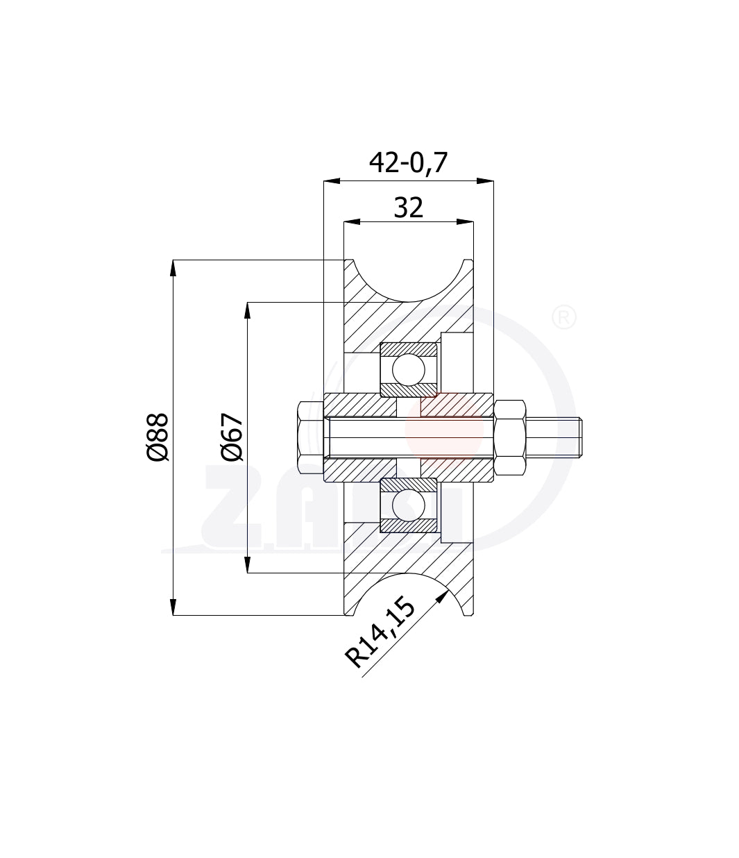 Rolka metalowa 89 mm do bramy na rurę RJR-89-32, rysunek techniczny z wymiarami