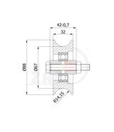 Rolka metalowa 89 mm do bramy na rurę RJR-89-32, rysunek techniczny z wymiarami