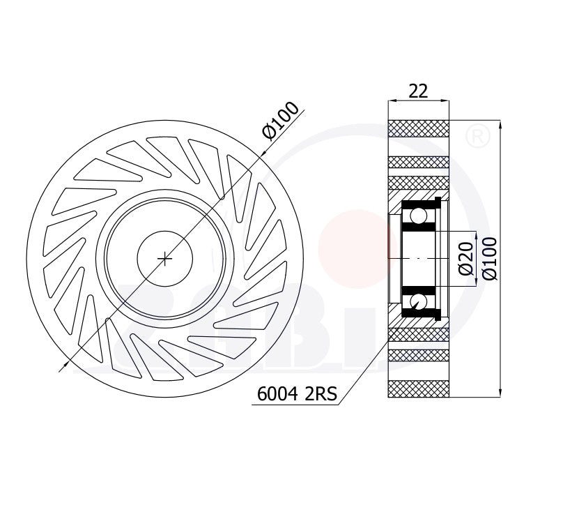 Rolka no crush 100 mm KNC-100-22/20Ł, rysunek techniczny z wymiarami