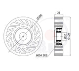 Rolka no crush 100 mm KNC-100-22/20Ł, rysunek techniczny z wymiarami