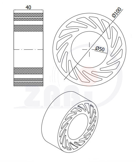 Rolka no crush 100 mm KNC-100-40/50, rysunek techniczny z wymiarami