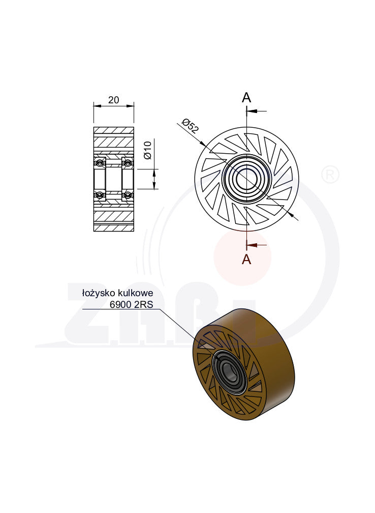 Rolka no crush 52 mm KNC-52-20/10Ł, rysunek techniczny z wymiarami
