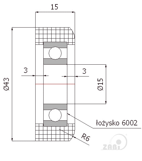 Rolka poliamidowa R-43/15, rysunek techniczny z wymiarami rolki i łożyska