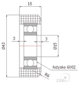 Rolka poliamidowa R-43/15, rysunek techniczny z wymiarami rolki i łożyska