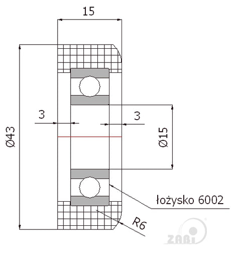 Rolka poliamidowa R-43/15, rysunek techniczny z wymiarami rolki i łożyska