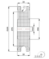 Rolka poliamidowa na linkę ø12 mm 100 mm bez łożysk C100/12, rysunek techniczny z wymiarami
