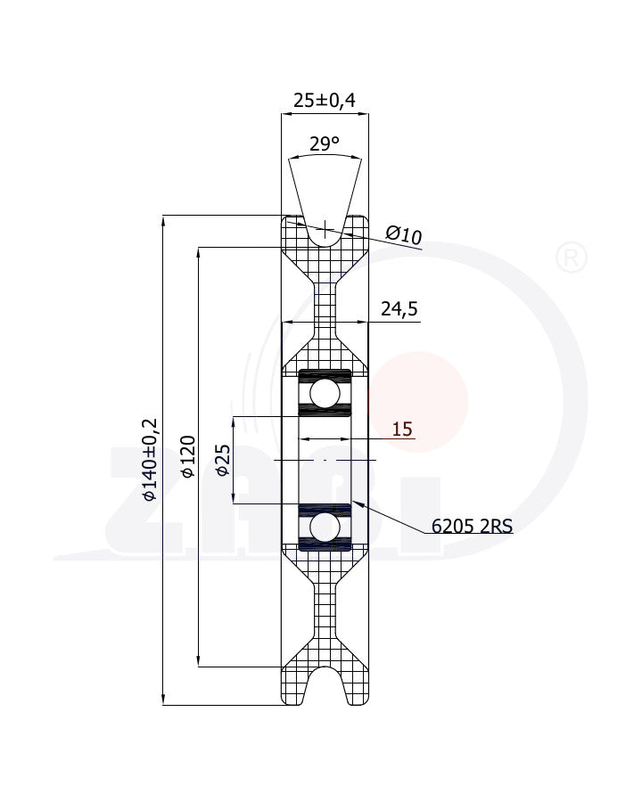 Rolka poliamidowa na linkę ø10 mm 140 mm z łożyskiem C140/10Ł/25, rysunek techniczny z wymiarami