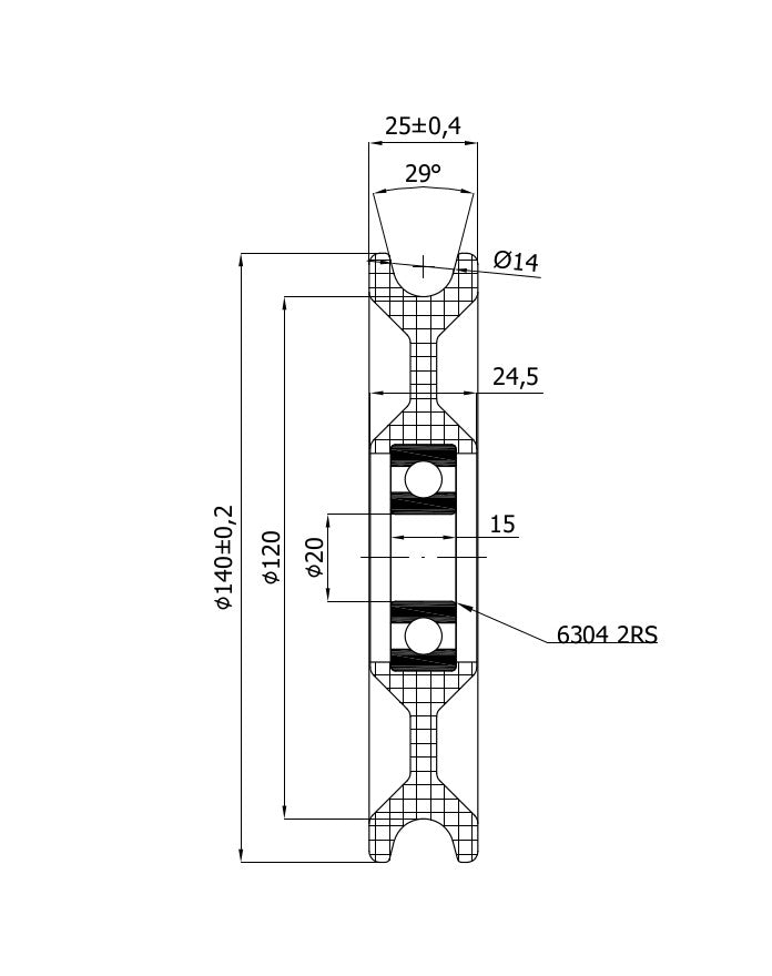 Rolka poliamidowa na linkę ø14 mm 140 mm z łożyskiem C140/14Ł/20, rysunek techniczny z wymiarami