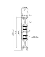 Rolka poliamidowa na linkę ø14 mm 140 mm z łożyskiem C140/14Ł/20, rysunek techniczny z wymiarami