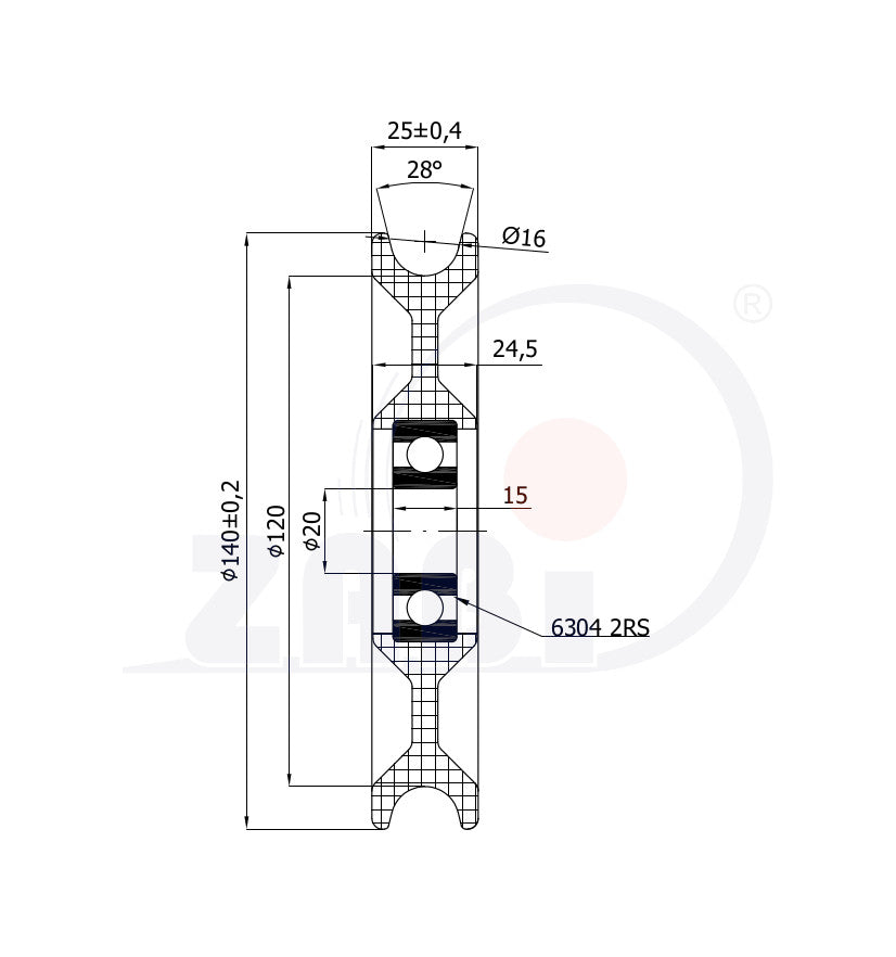 Rolka poliamidowa na linkę ø16 mm 140 mm z łożyskiem C140/16Ł/20, rysunek techniczny z wymiarami
