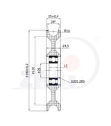 Rolka poliamidowa na linkę ø16 mm 140 mm z łożyskiem C140/16Ł/25, rysunek techniczny z wymiarami