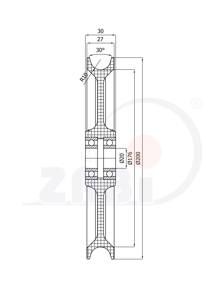 Rolka poliamidowa na linkę ø20 mm 200 mm z łożyskiem C200/20Ł/20, rysunek techniczny z wymiarami
