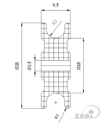 Rolka poliamidowa na linkę ø6 mm 28 mm bez łożysk C28/6, rysunek techniczny z wymiarami