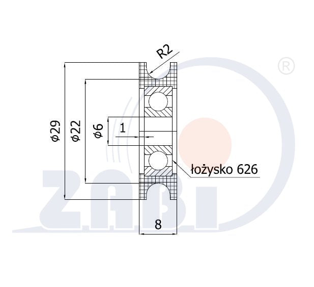Rolka poliamidowa na linkę ø4 mm 29 mm z łożyskiem C29/4Ł, rysunek techniczny z wymiarami