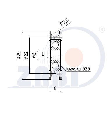 Rolka poliamidowa na linkę ø5 mm 29 mm z łożyskiem C29/5Ł, rysunek techniczny z wymiarami