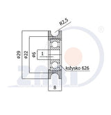 Rolka poliamidowa na linkę ø5 mm 29 mm z łożyskiem C29/5Ł, rysunek techniczny z wymiarami