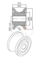 Rolka poliamidowa na linkę ø20 mm 44 mm bez łożysk C44/20, rysunek techniczny z wymiarami