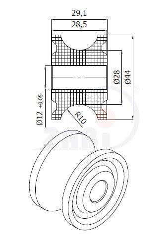 Rolka poliamidowa na linkę ø20 mm 44 mm bez łożysk C44/20, rysunek techniczny z wymiarami