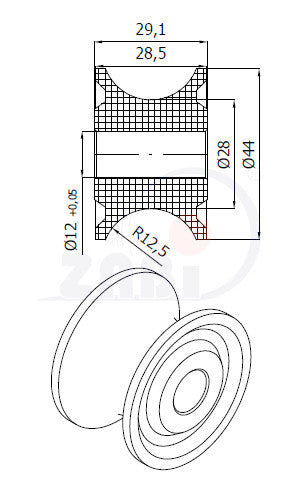 Rolka poliamidowa na linkę ø25 mm 44 mm bez łożysk C44/25, rysunek techniczny z wymiarami