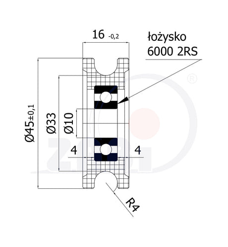 Rolka poliamidowa na linkę ø8 mm 45 mm z łożyskiem C45/8Ł, rysunek techniczny z wymiarami
