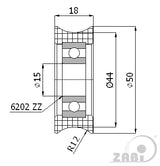 Rolka poliamidowa na linkę ø24 mm 50 mm z łożyskiem C50/24Ł, rysunek techniczny z wymiarami