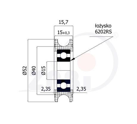 Rolka poliamidowa na linkę ø10 mm 52 mm z łożyskiem C52/10Ł/15, rysunek techniczny z wymiarami