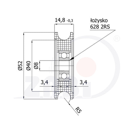 Rolka poliamidowa na linkę ø10 mm 52 mm z łożyskiem C52/10Ł/8, rysunek techniczny z wymiarami