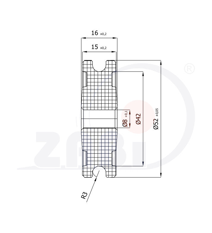 Rolka poliamidowa na linkę ø6 mm 52 mm bez łożysk C52/6/8, rysunek techniczny z wymiarami