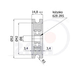 Rolka poliamidowa na linkę ø6 mm 52 mm z łożyskiem C52/6Ł/8, rysunek techniczny z wymiarami