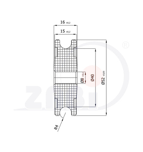 Rolka poliamidowa na linkę ø8 mm 52 mm bez łożysk C52/8/8, rysunek techniczny z wymiarami