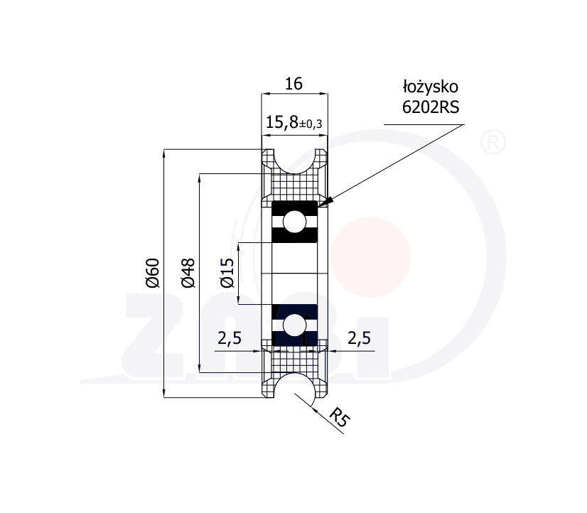 Rolka poliamidowa na linkę ø10 mm 60 mm z łożyskiem C60/10Ł/15, rysunek techniczny z wymiarami
