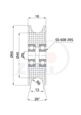 Rolka poliamidowa na linkę ø12 mm 60 mm z łożyskiem C60/18/12ŁX/8, rysunek techniczny z wymiarami