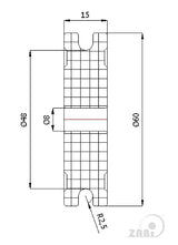 Rolka poliamidowa na linkę ø5 mm 60 mm bez łożysk C60/5/8, rysunek techniczny z wymiarami