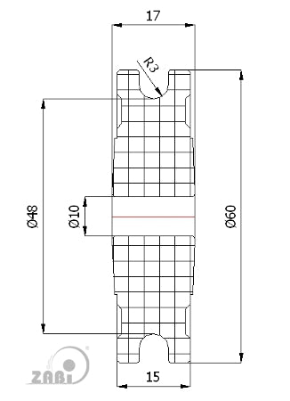 Rolka poliamidowa na linkę ø6 mm 60 mm bez łożysk C60/6, rysunek techniczny z wymiarami