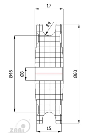 Rolka poliamidowa na linkę ø8 mm 60 mm bez łożysk C60/8/8, rysunek techniczny z wymiarami