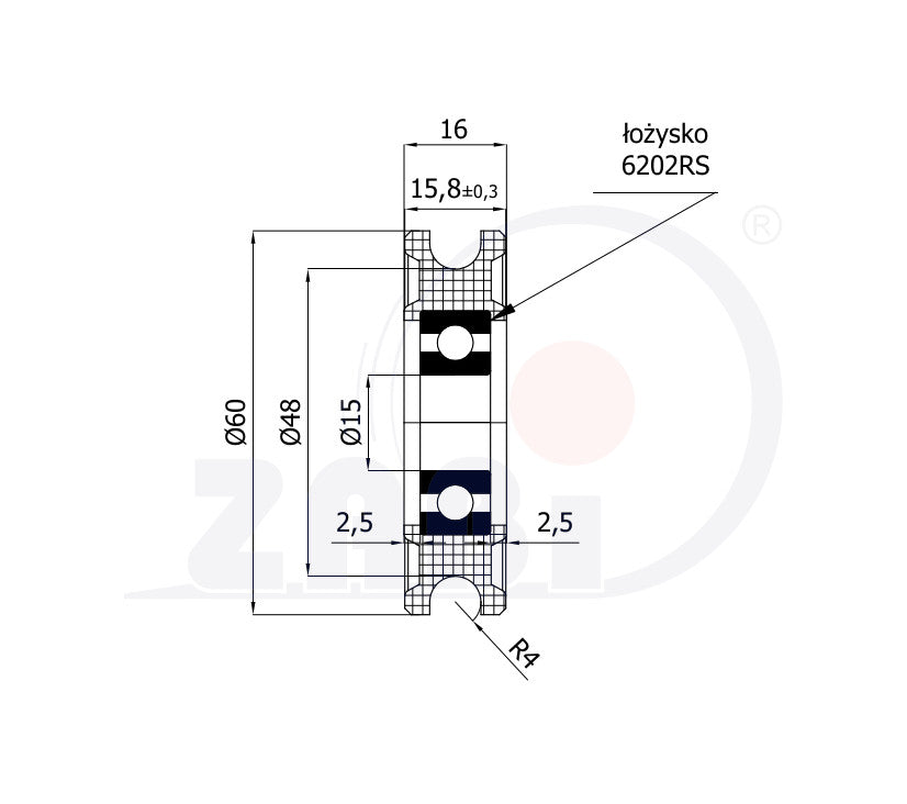Rolka poliamidowa na linkę ø8 mm 60 mm z łożyskiem C60/8Ł/15, rysunek techniczny z wymiarami