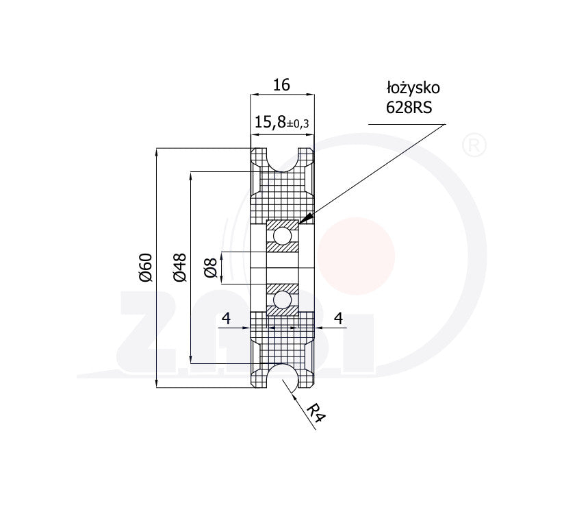 Rolka poliamidowa na linkę ø8 mm 60 mm z łożyskiem C60/8Ł/8, rysunek techniczny z wymiarami