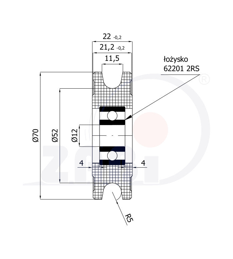 Rolka poliamidowa na linkę ø10 mm 70 mm z łożyskiem C70/10Ł, rysunek techniczny z wymiarami