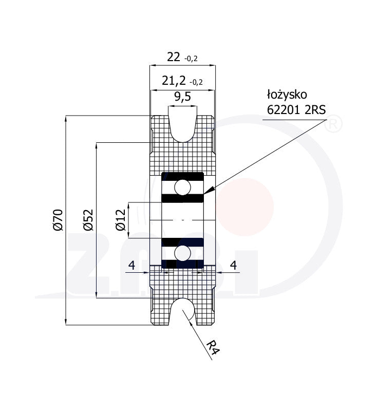 Rolka poliamidowa na linkę ø8 mm 70 mm z łożyskiem C70/8Ł, rysunek techniczny z wymiarami