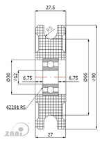 Rolka poliamidowa na linkę ø10 mm 90 mm z łożyskiem C90/10Ł, rysunek techniczny z wymiarami
